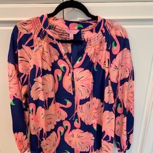 Lilly Pulitzer flamingo print Elsa silk top